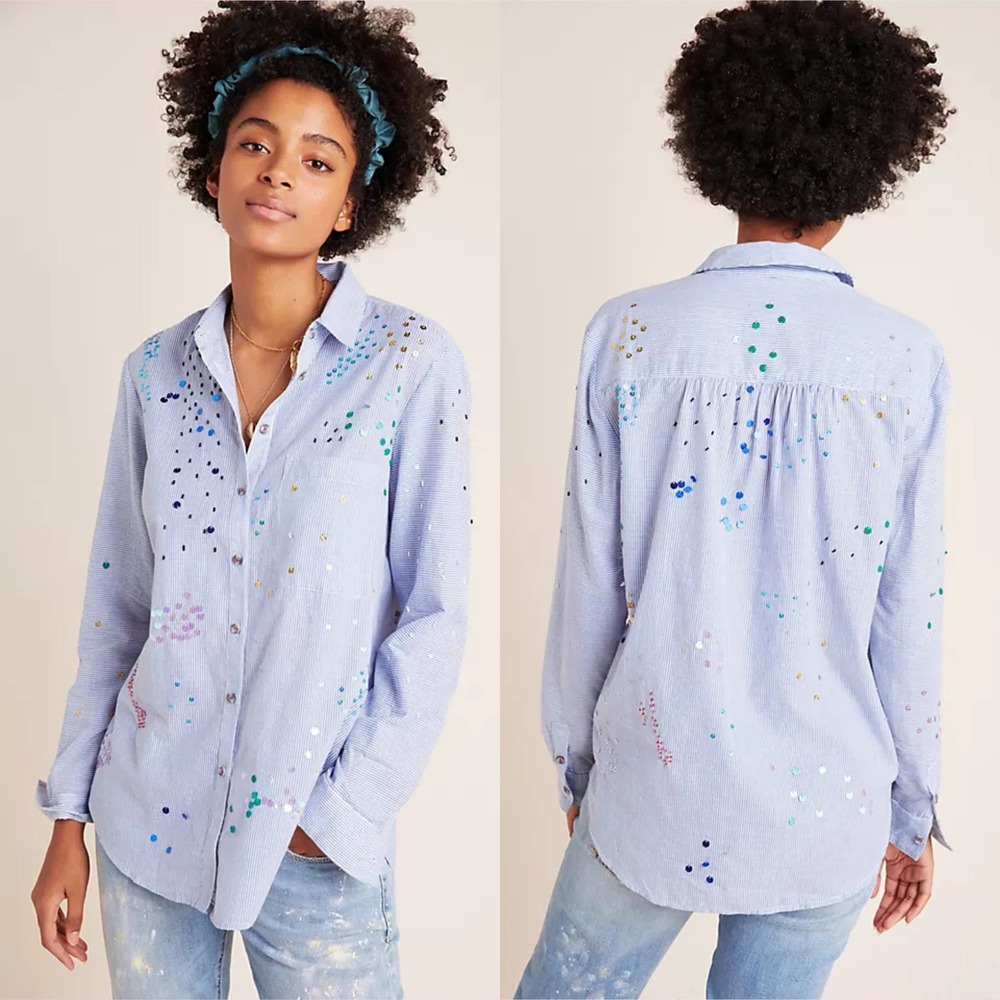 Pilcro Anthropologie Cate Sequined Striped Button Down Shirt Blue White XS